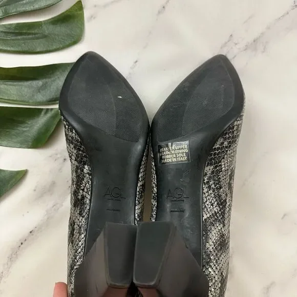 AGL Womens Mule Booties Heels Size 42 11 Black Gray Snakeskin Leather Point Toe - Picture 6 of 7